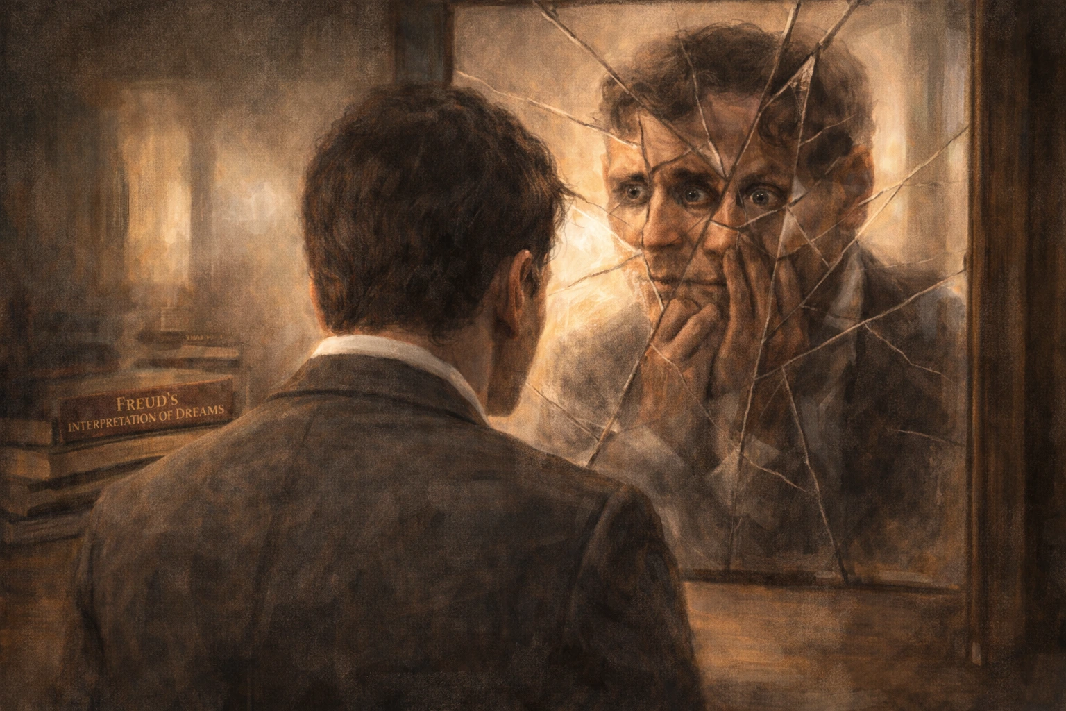 A man in a suit stares at his reflection in a shattered mirror, his expression tense and searching. The broken glass distorts his face, suggesting inner conflict, identity fragmentation, and the painful journey of self-confrontation. Books behind him, including Freud’s Interpretation of Dreams, hint at psychoanalytic themes