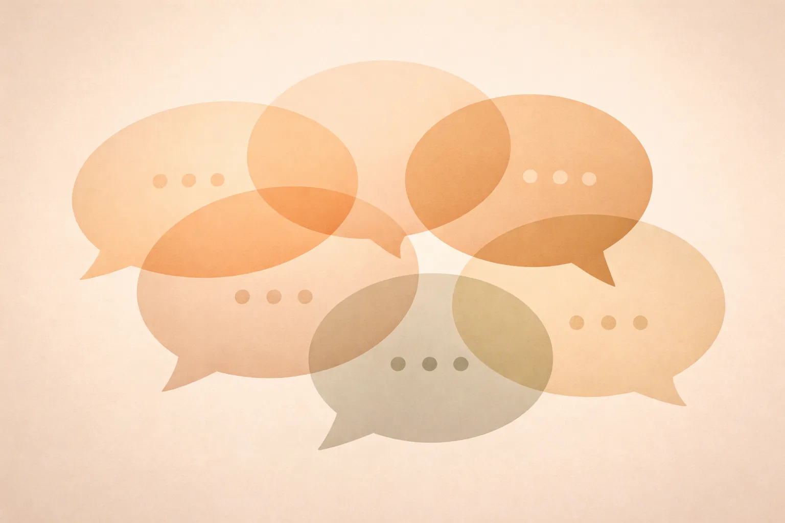 An abstract graphic of overlapping warm-toned speech bubbles symbolizes layered dialogue and communication.