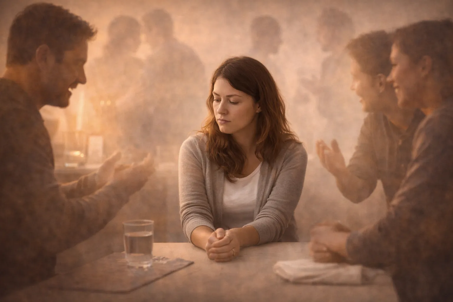 A woman sits in silence at a table while faded, overlapping figures around her appear engaged in conversation, representing isolation amidst social noise.